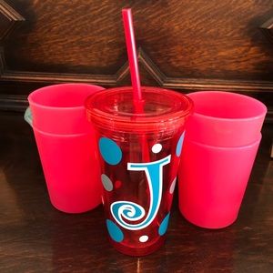 ✳️ 3 for 💲2️⃣4️⃣ ✳️  “J” Pink Tumbler with Lid & Straw and 4 Tumblers